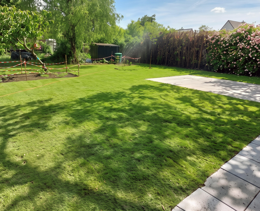 Garten mit frisch verlegten Rollrasen